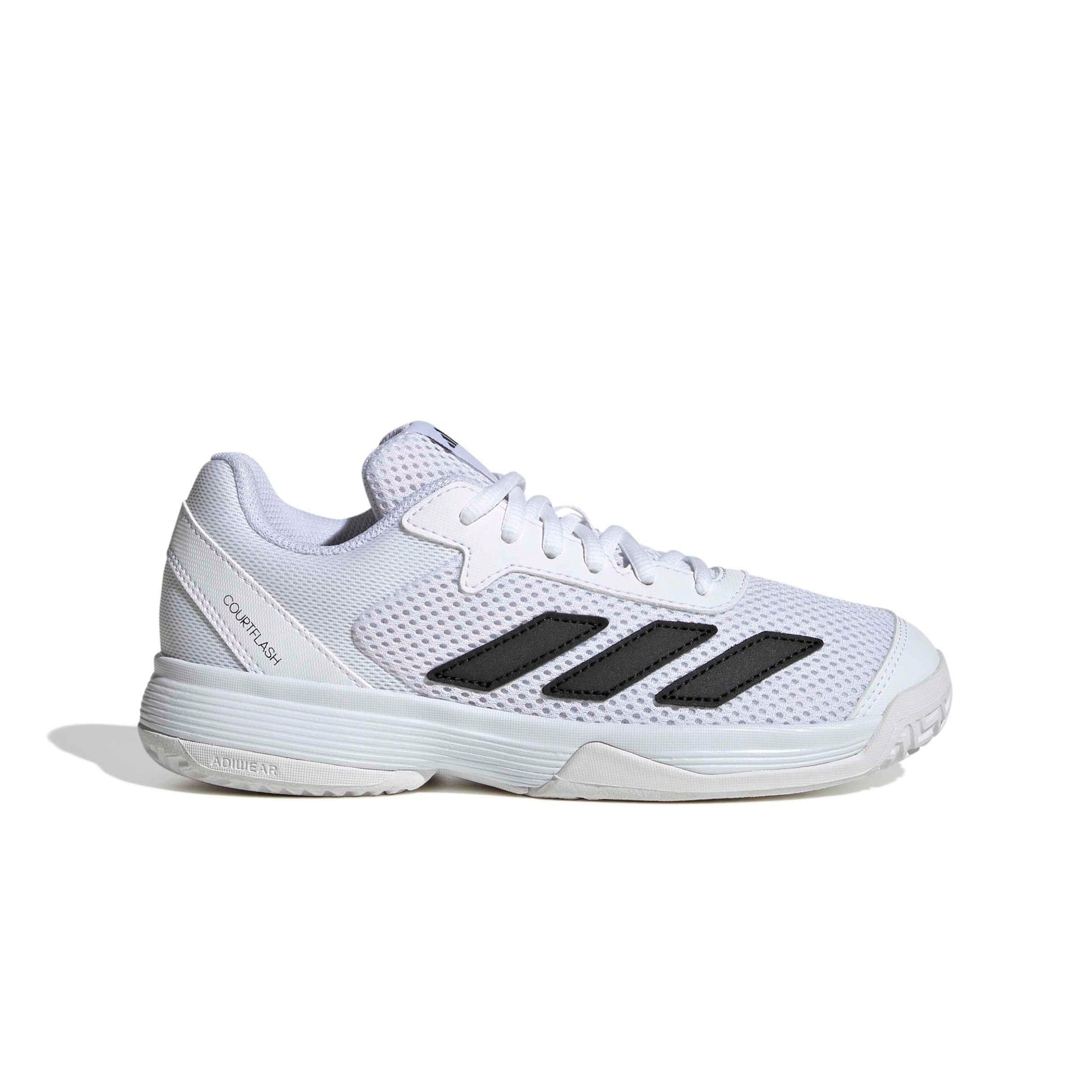 A white Adidas tennis court shoe with black three-stripes and a white sole, shown from a side profile on a white background.