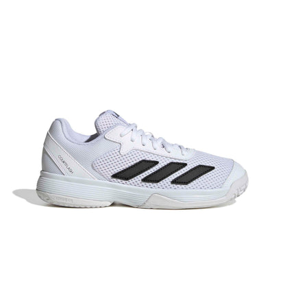 A white Adidas tennis court shoe with black three-stripes and a white sole, shown from a side profile on a white background.