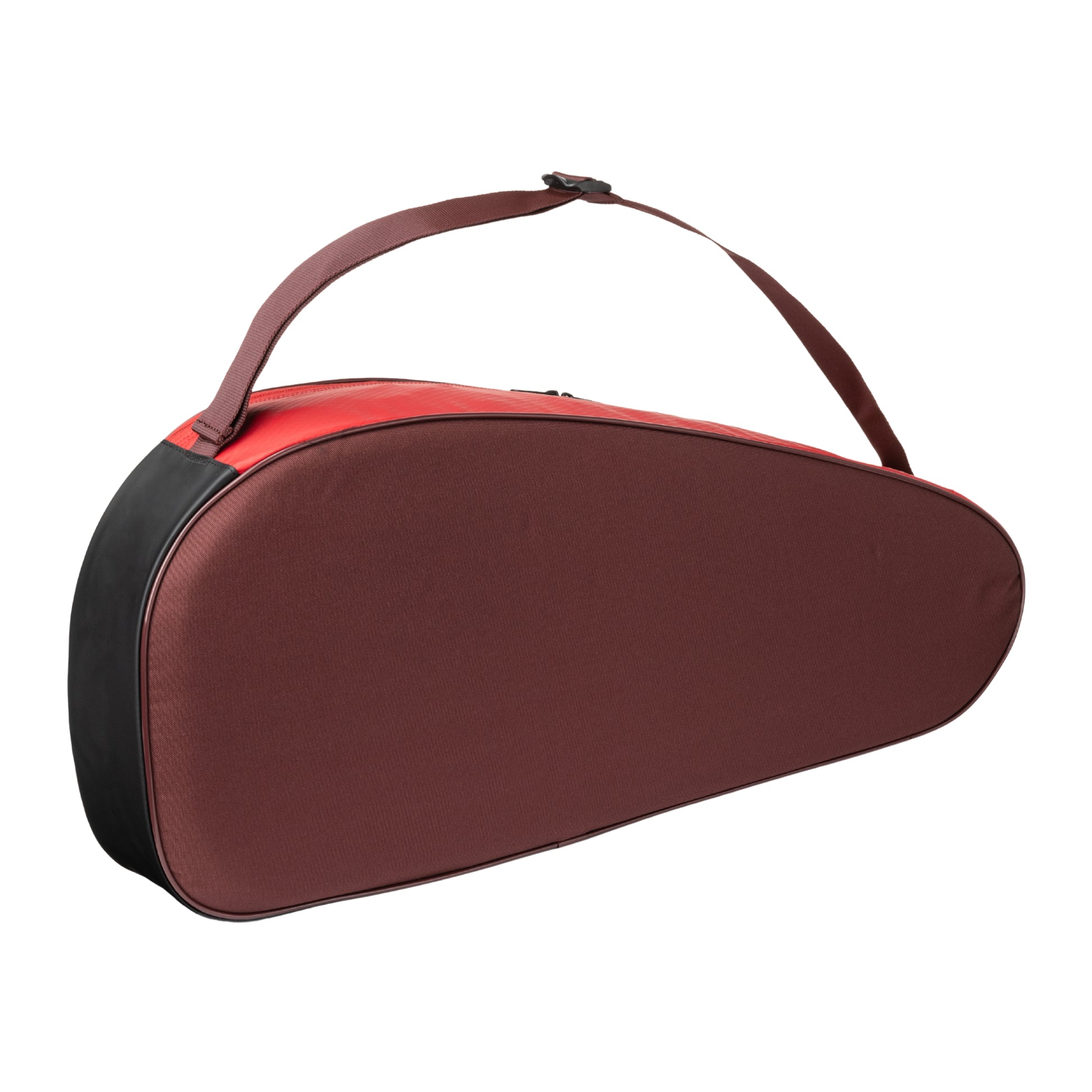 Red Yonex tennis bag with brown accents on a white background