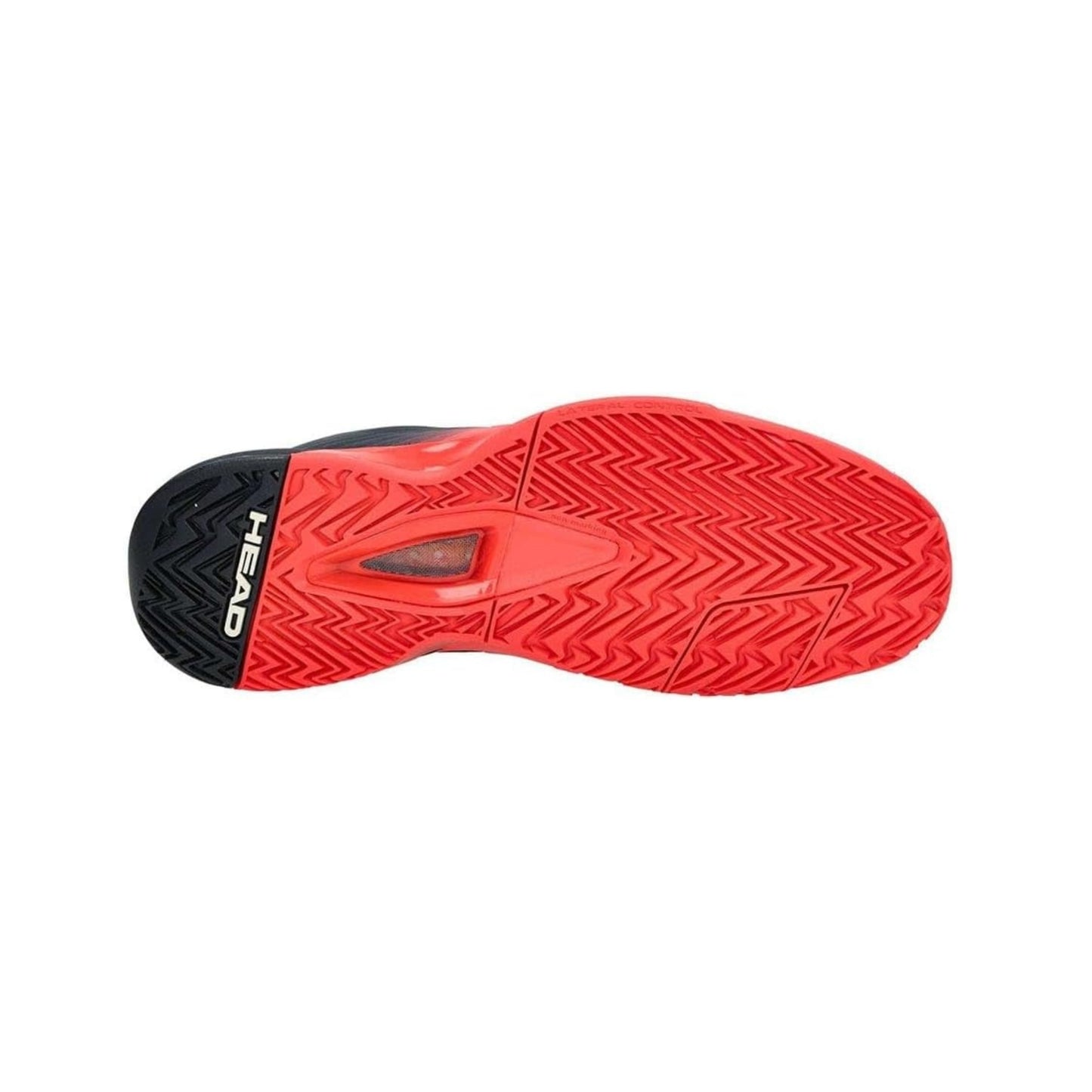 Red and black tennis shoe sole with 'HEAD' branding on a white background