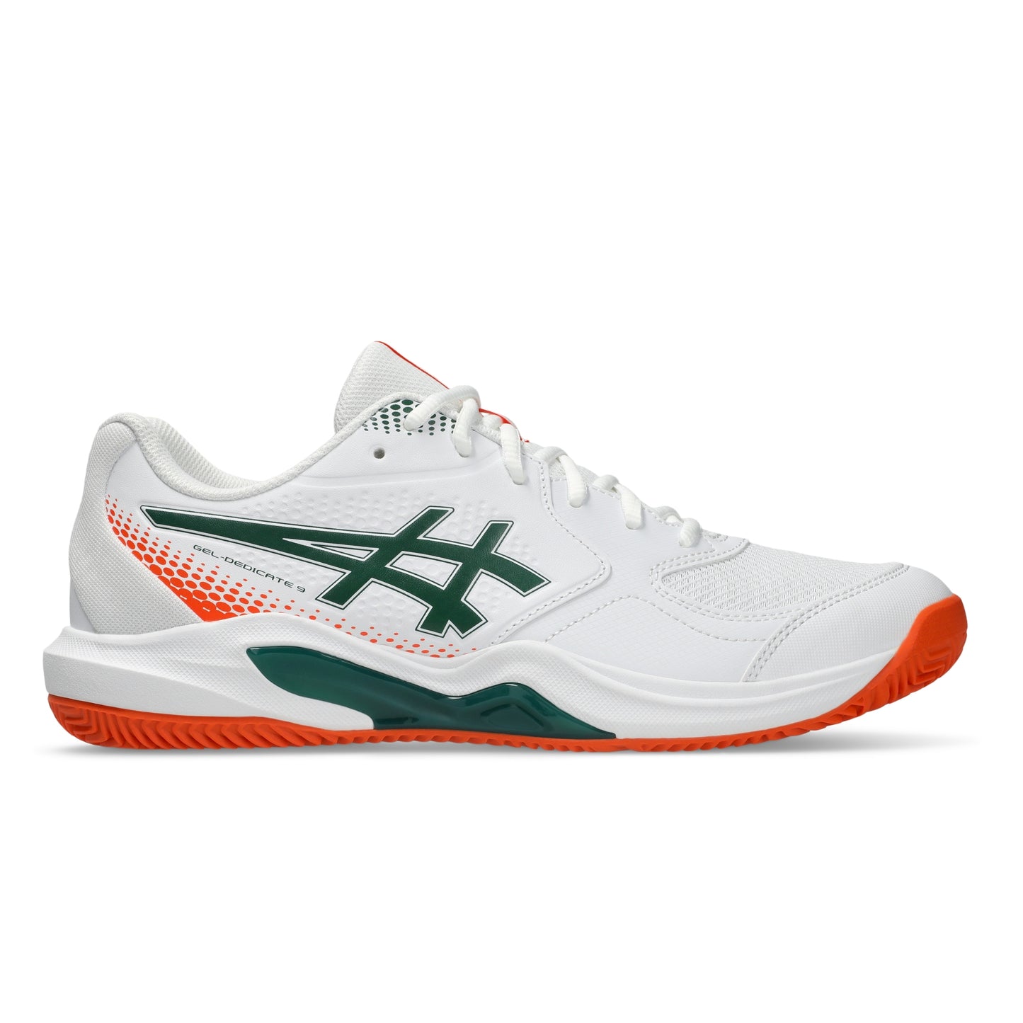 A white Asics padel shoe with a green logo and orange accents on the heel and outsole, shown in a side profile on a white background.