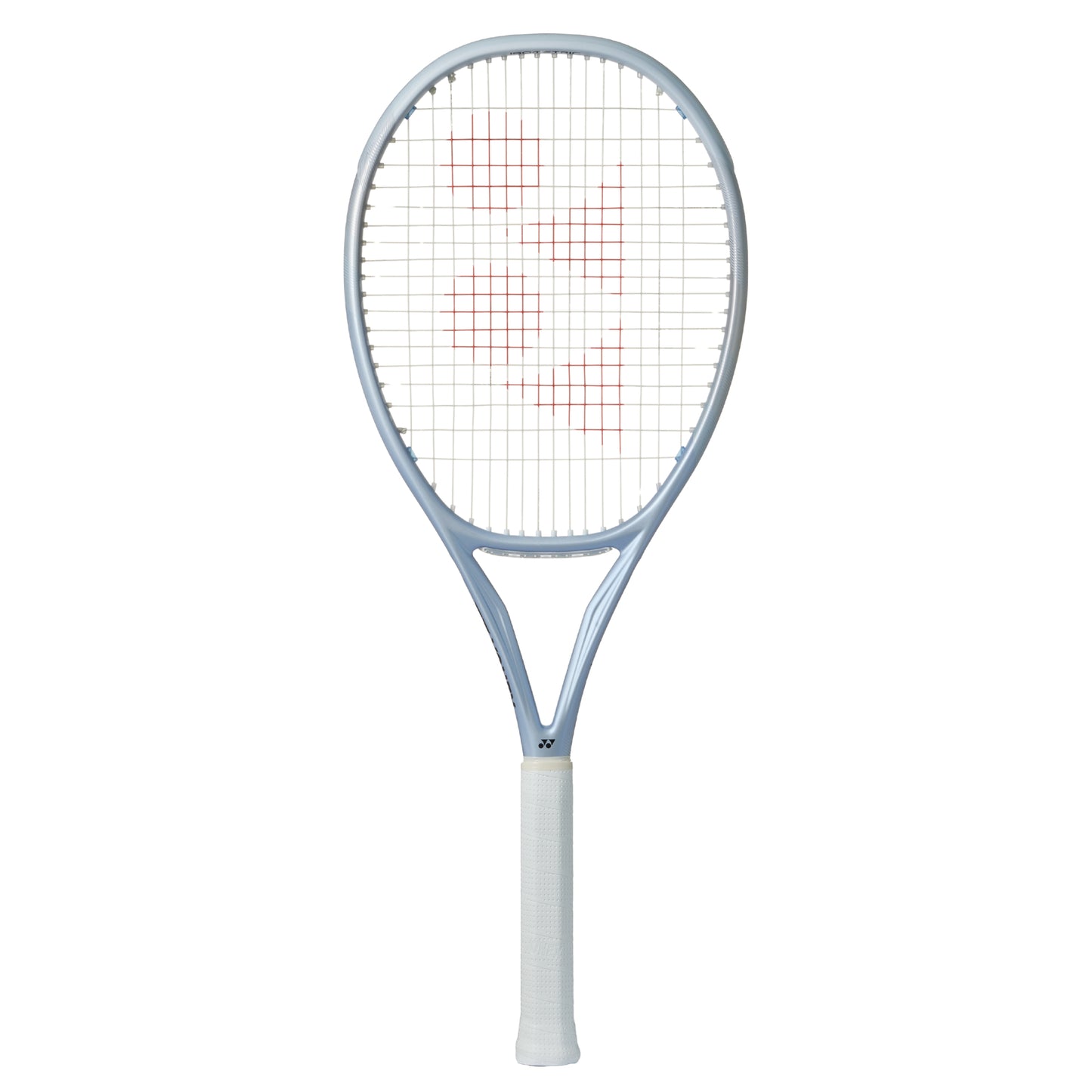 Silver Yonex tennis racket with a white background