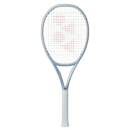 Silver Yonex tennis racket with a white background