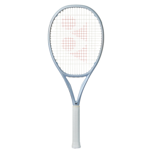 Silver Yonex tennis racket with a white background