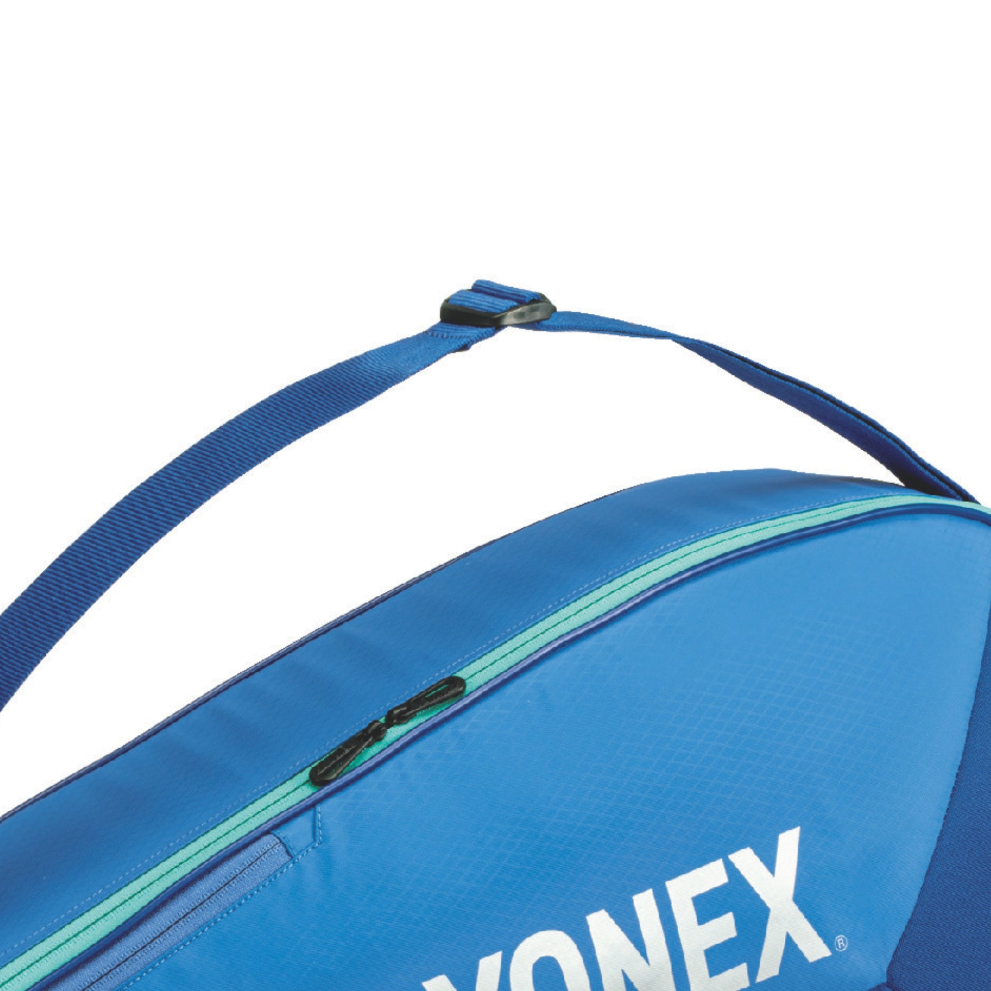 Blue Yonex tennis racket bag with a white logo on a white background