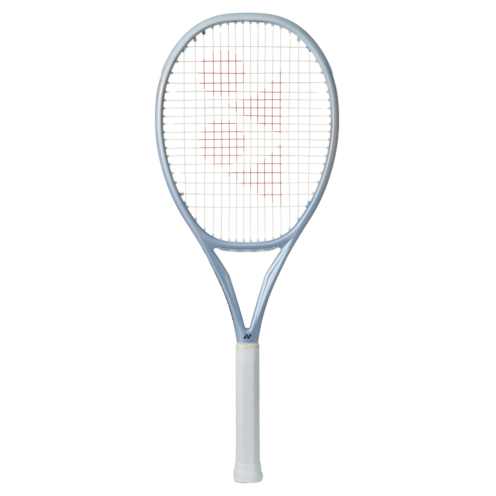 Gray Yonex tennis racket with a white background