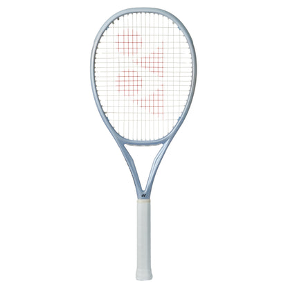Gray Yonex tennis racket with a white background