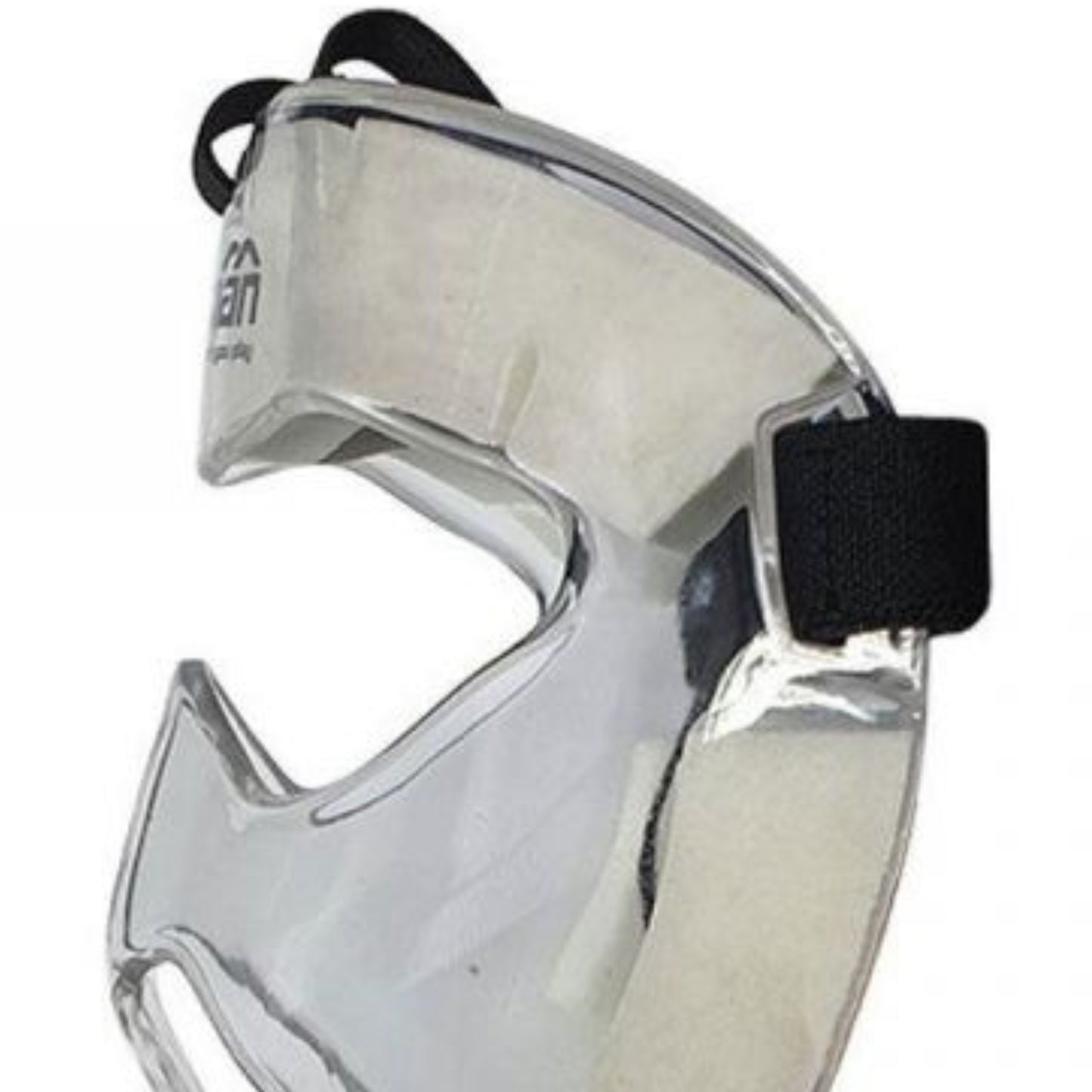 Clear face guard with black straps on a white background