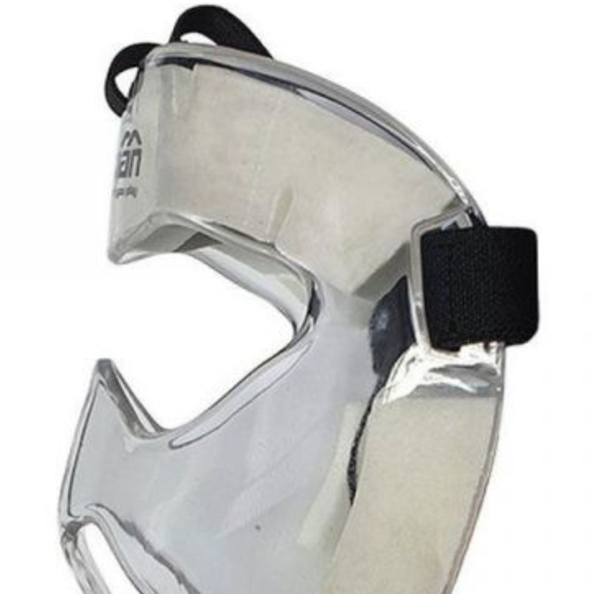 Clear face guard with black straps on a white background