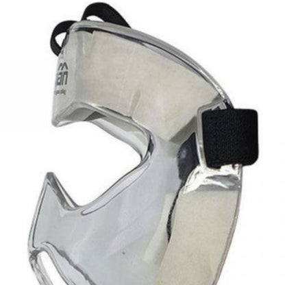 Clear face guard with black straps on a white background