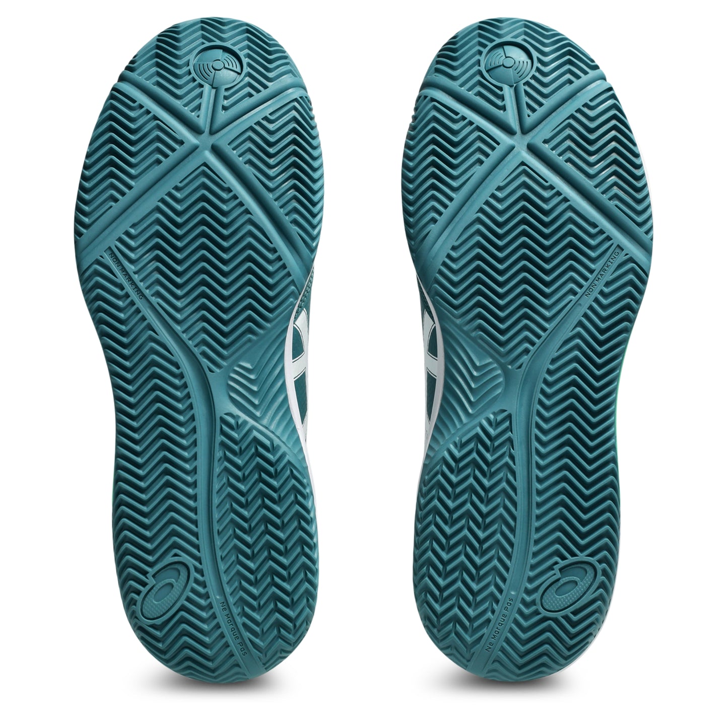 Close-up of a pair of padel shoes with tread pattern soles on a white background