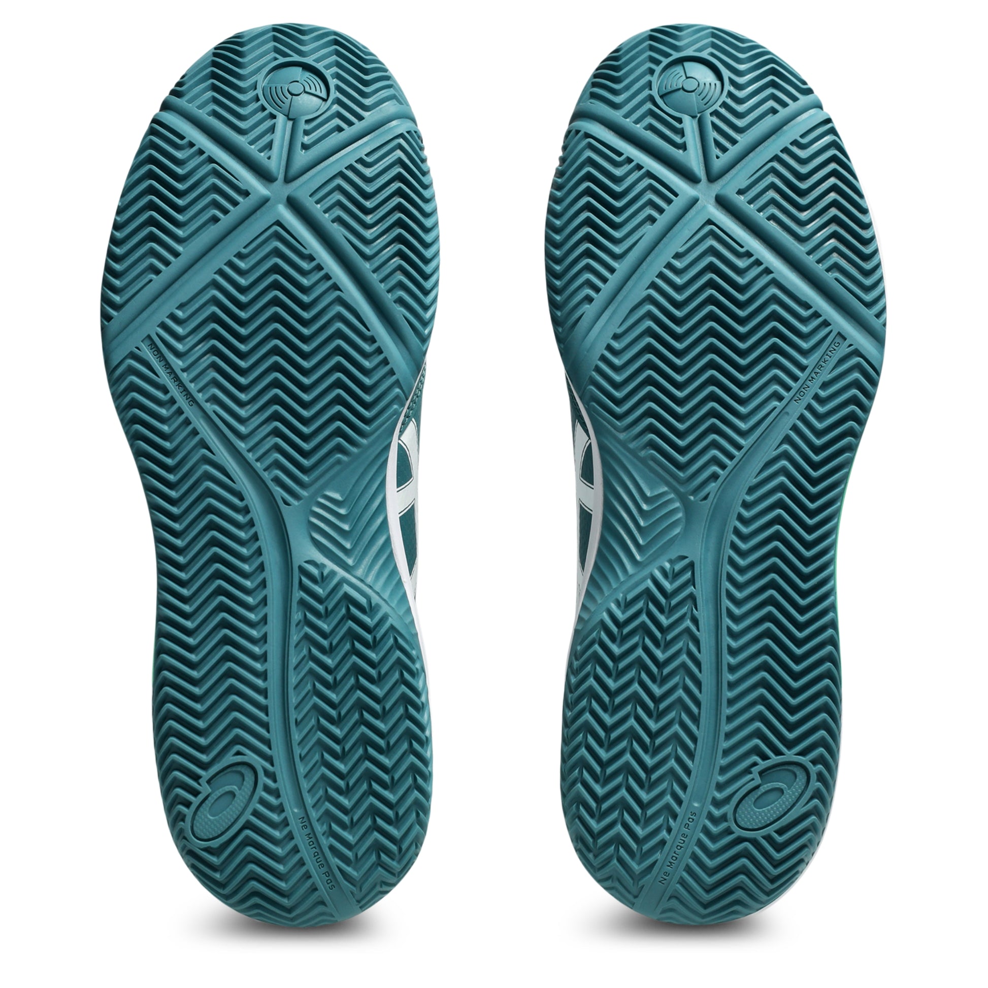 Close-up of a pair of padel shoes with tread pattern soles on a white background