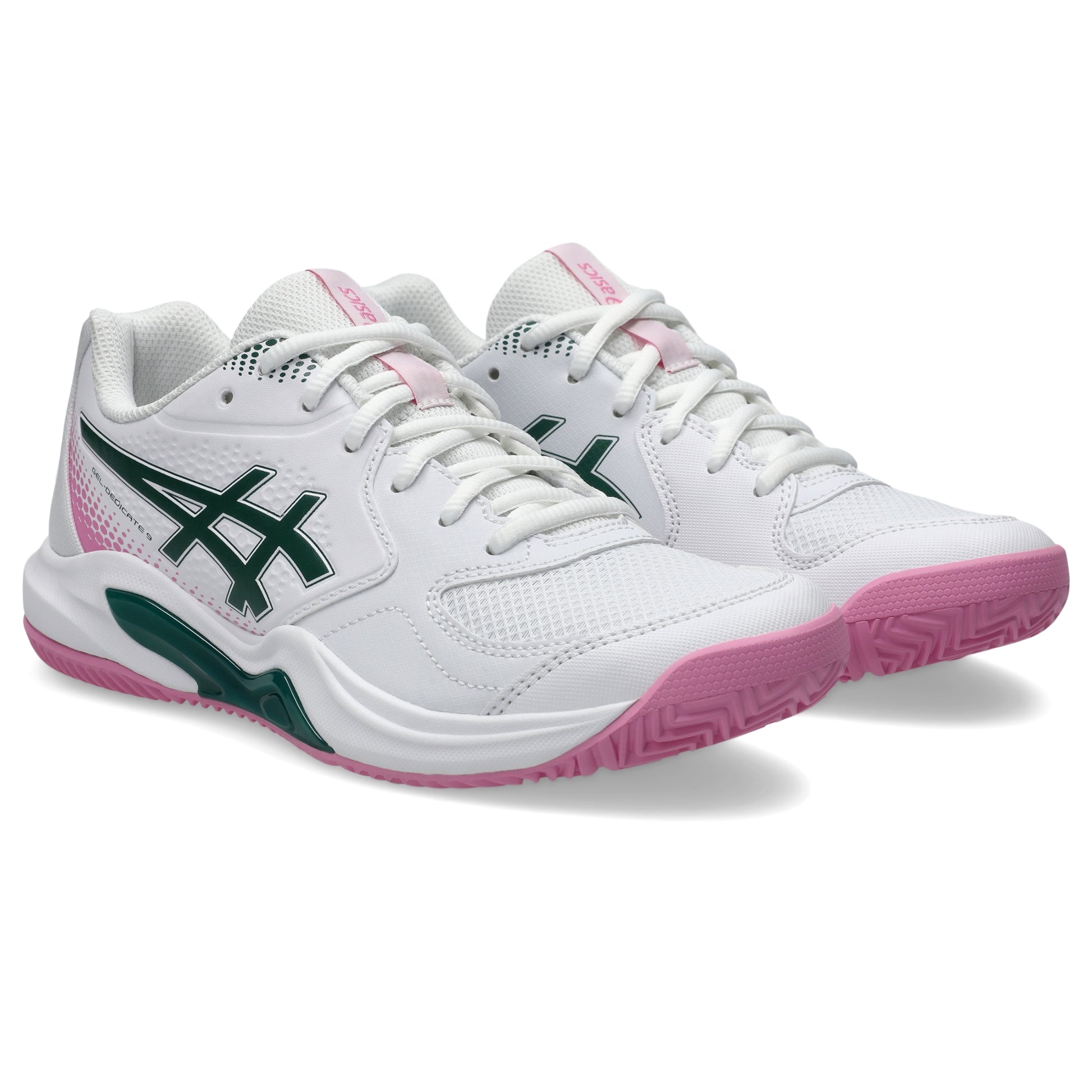 White Asics padel shoes with green and pink accents on a white background