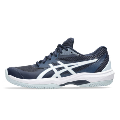 Navy and white Asics tennis shoe on a white background