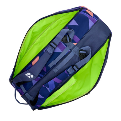 Multicolored racket bag with a visible brand logo on a white background
