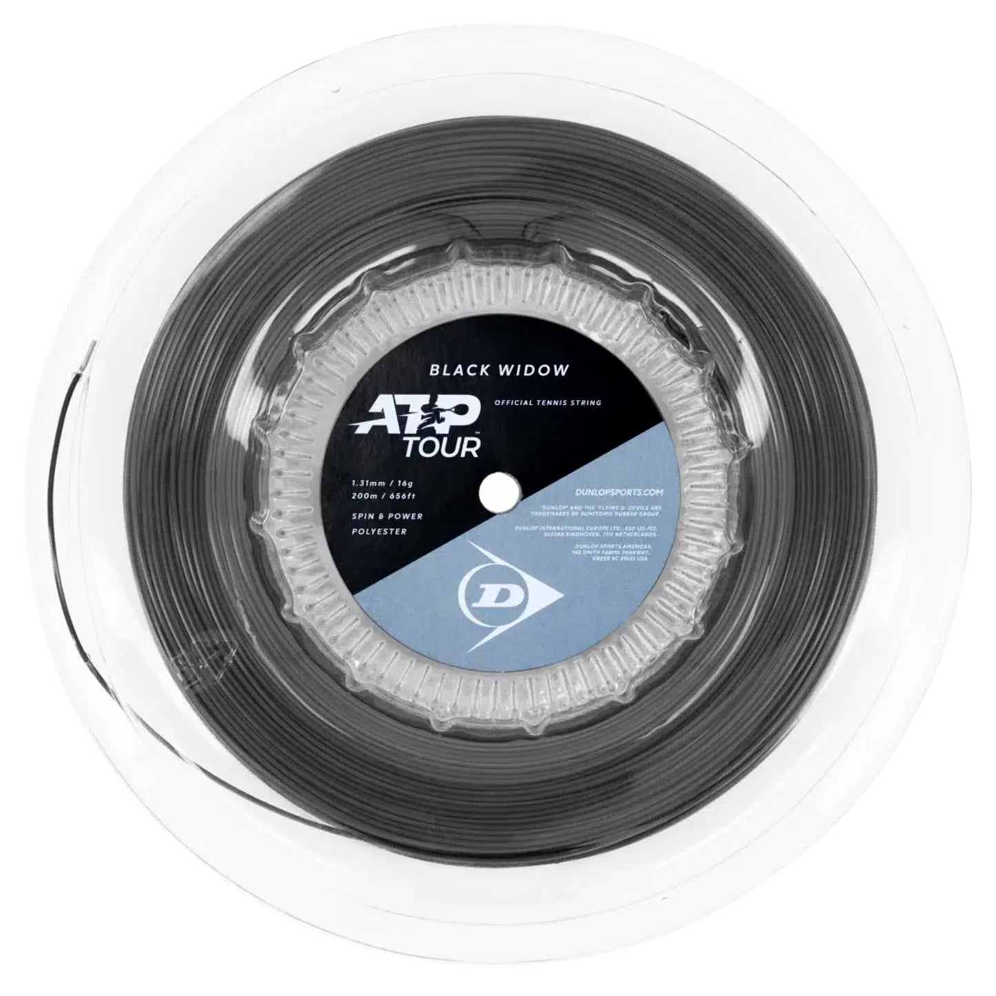 Reel of Dunlop ATP Tour Black Widow string on a white background