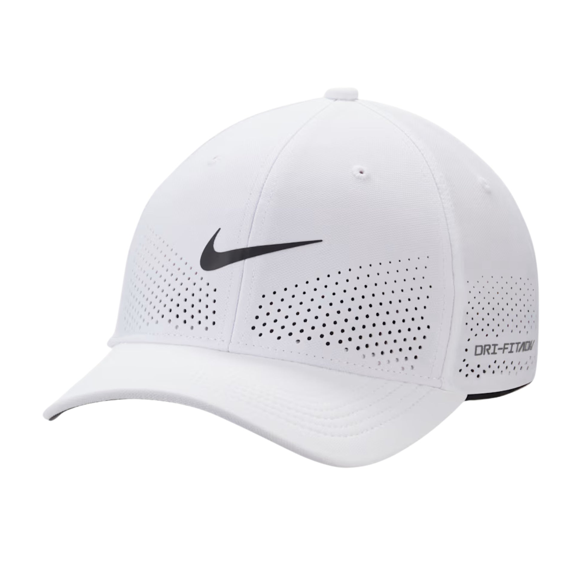 White Nike cap with black logo and text on a white background