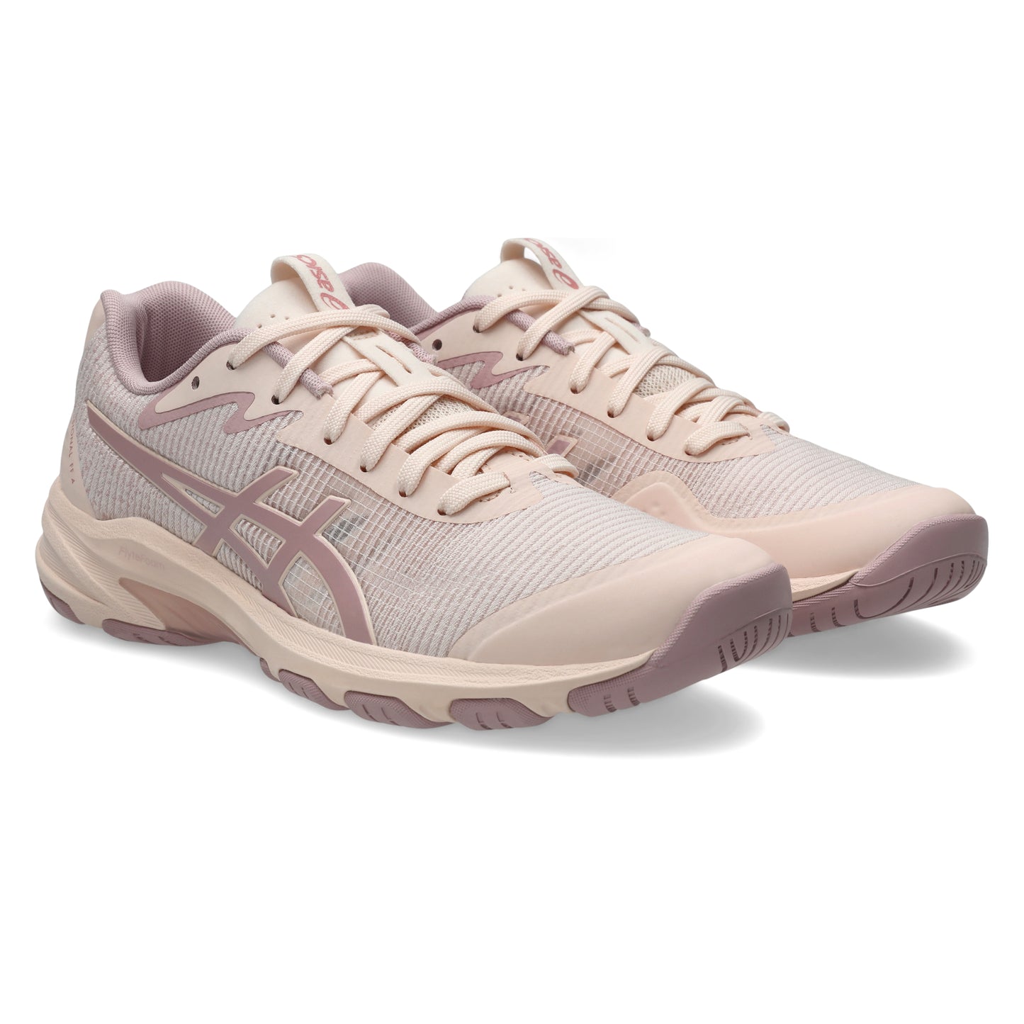 Pair of light pink netball shoes with a subtle pattern on a white background