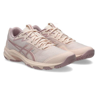 Pair of light pink netball shoes with a subtle pattern on a white background
