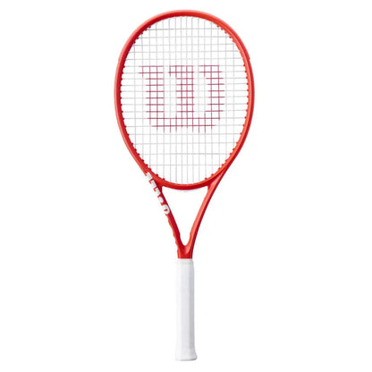 Red tennis racket with white handle on a white background