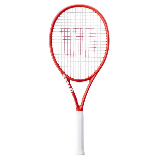 Red tennis racket with white handle on a white background