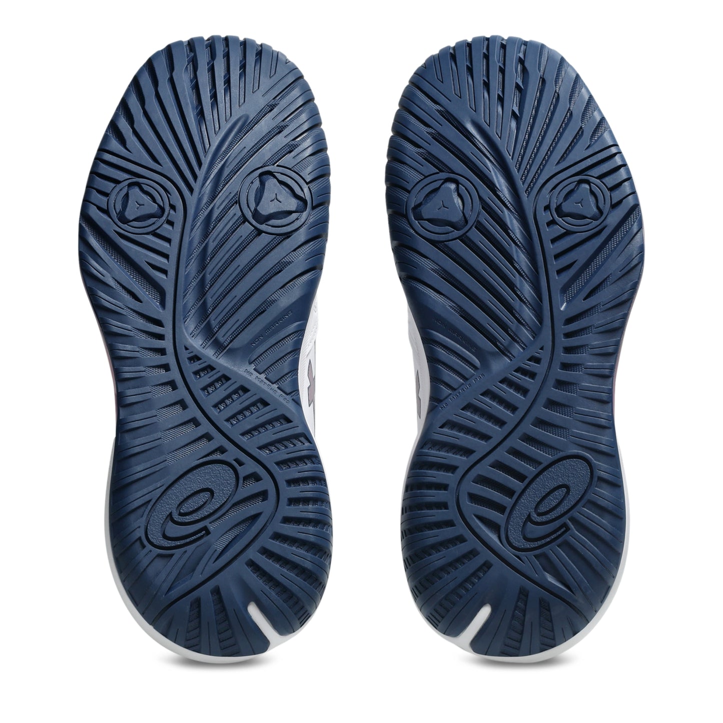 A pair of tennis shoes shown from the bottom, displaying their dark navy blue textured rubber soles against a clean white background.