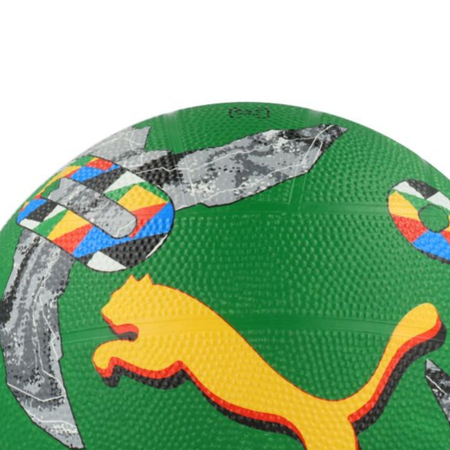 Green netball with colorful patterns and Puma logo on a white background