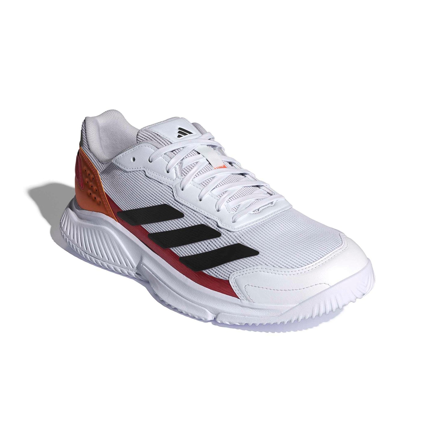 White padel shoe with black stripes on a white background