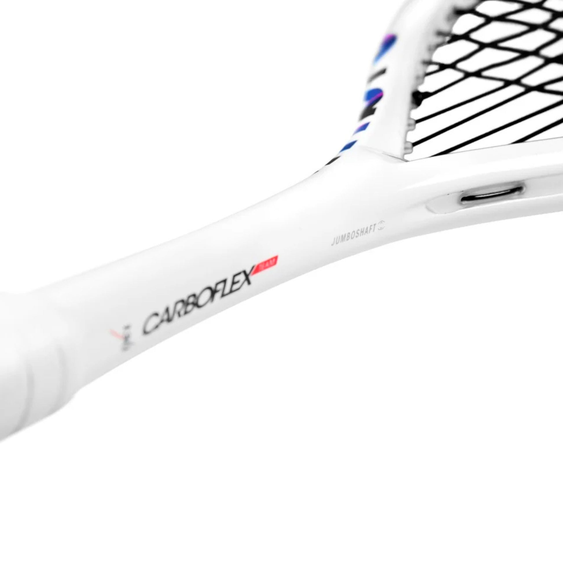 White squash racket with 'Carboflex' branding on a white background
