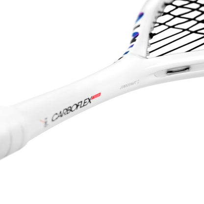 White squash racket with 'Carboflex' branding on a white background