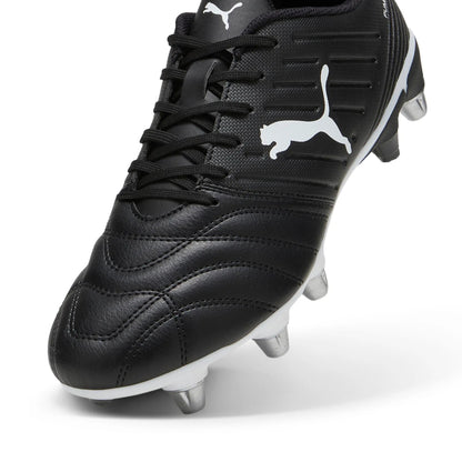 Black rugby boot with white logo on a white background