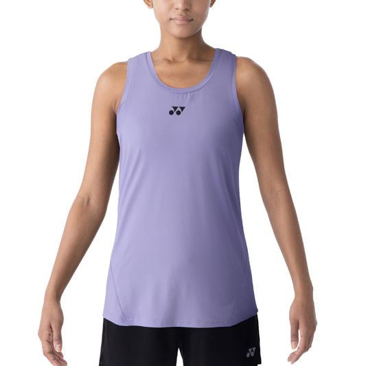 Person wearing a Yonex purple tank top with a logo on a white background