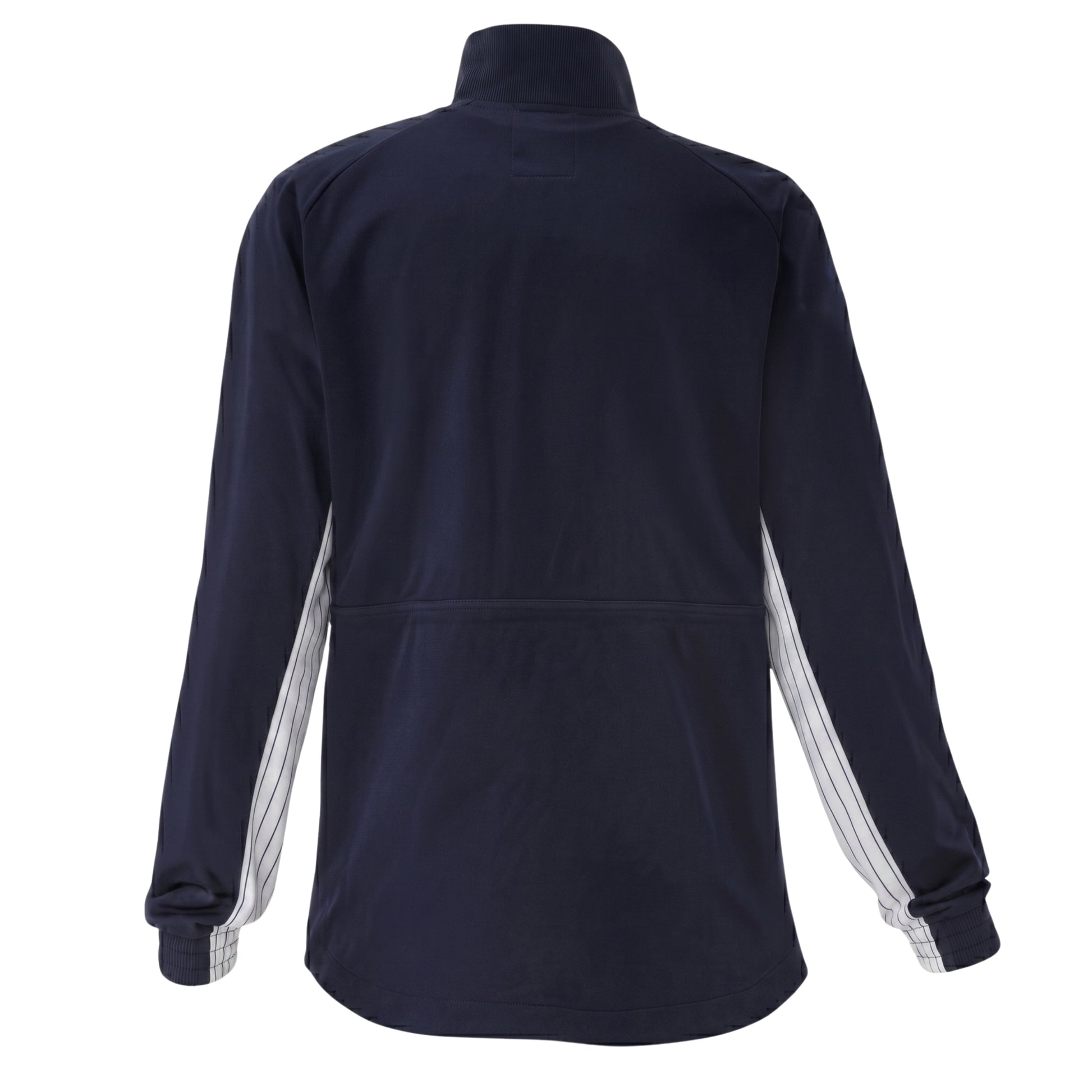 Navy blue jacket with white stripes on sleeves on a white background