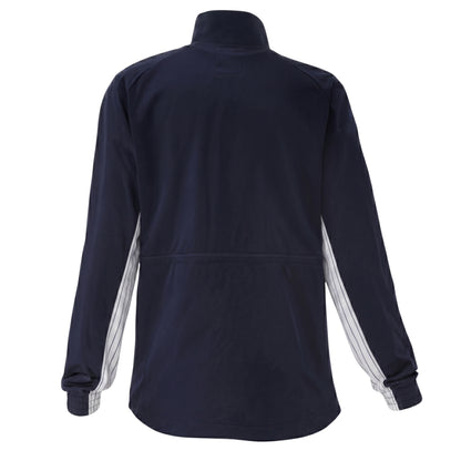 Navy blue jacket with white stripes on sleeves on a white background