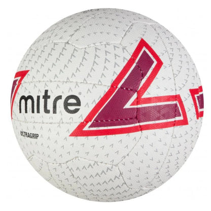 White netball balll with red and purple accents and Mitre branding on a white background