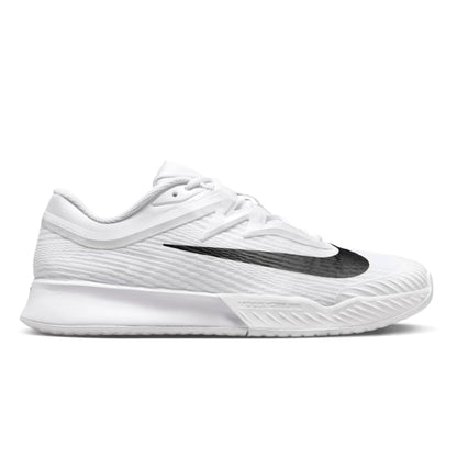 White tennis shoe with black swoosh logo on a white background