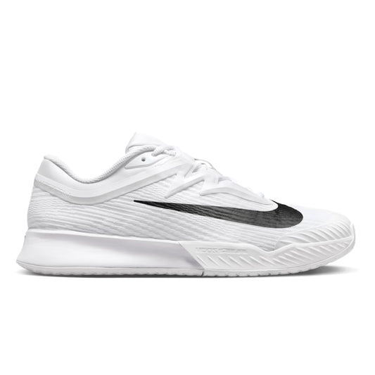 White tennis shoe with black swoosh logo on a white background