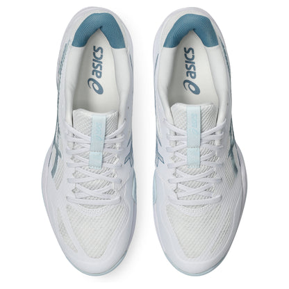 White and light blue squash shoes on a white background