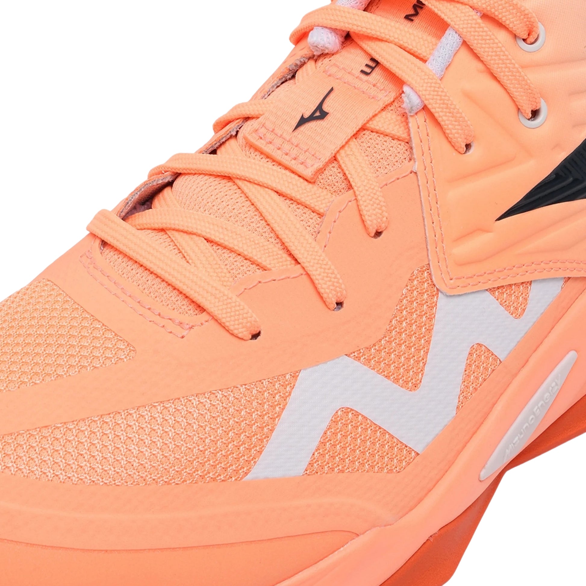 Close-up of a Mizuno squash shoe in bright orange with white logo accents and a black heel detail, shown on a white background.