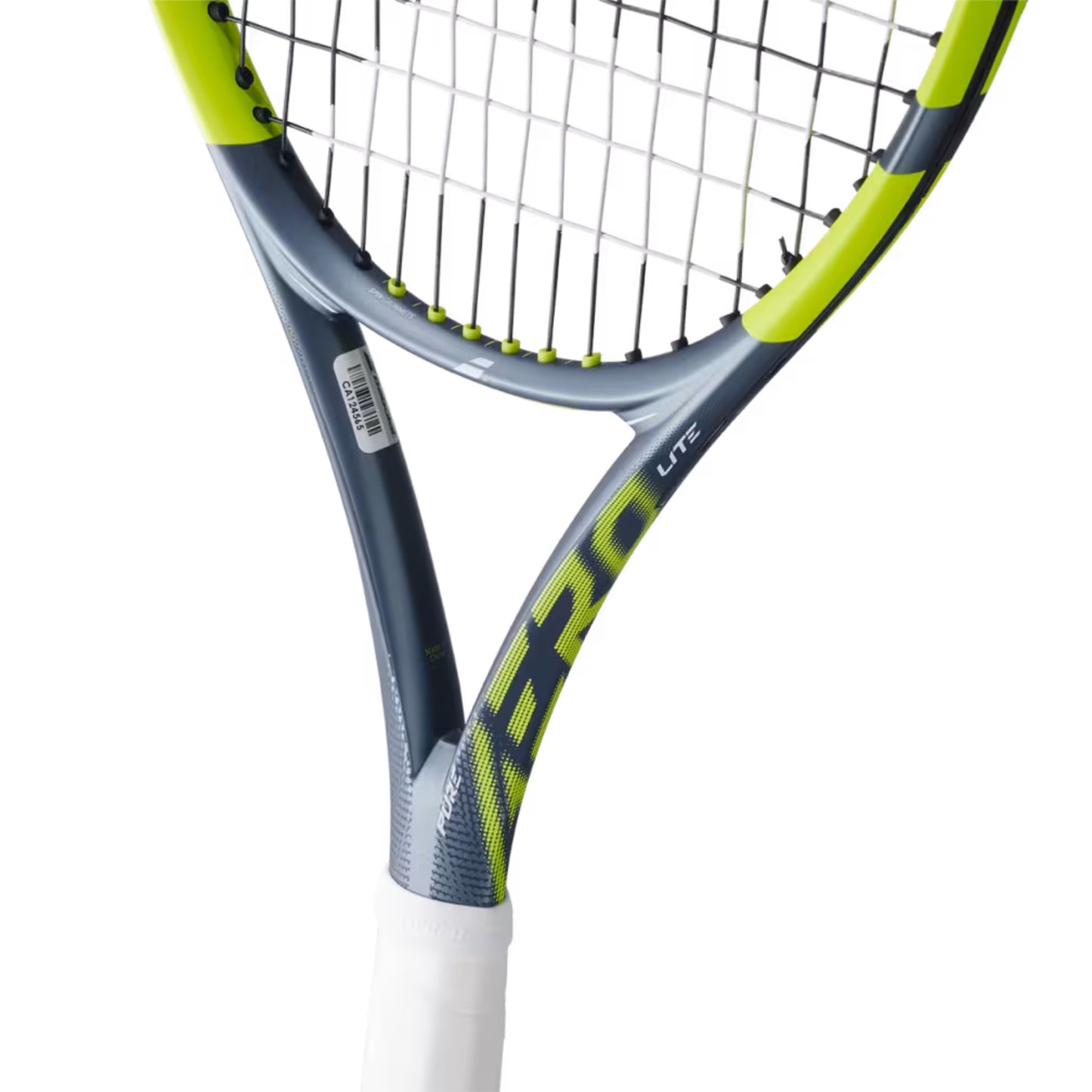Tennis racket with a close-up of the head and brand name on a white background
