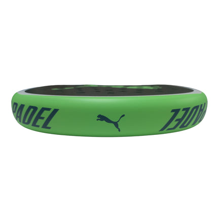 Green padel racket with Puma logo and 'PADEL' text on a white background
