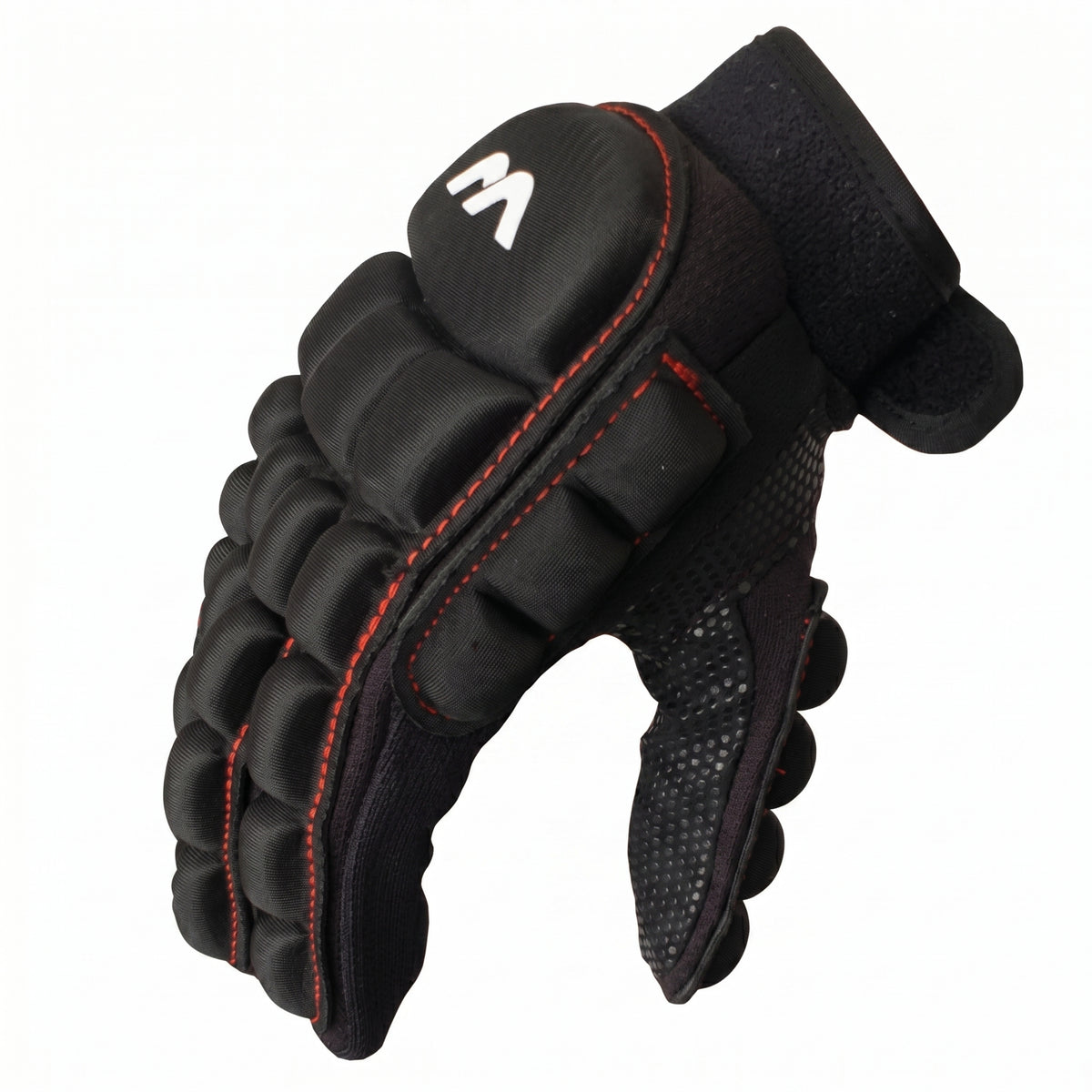 Black Mercian glove with orange stitching on a white background